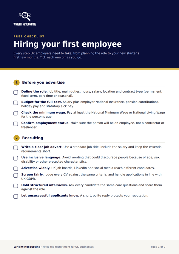 Cover of the free Hiring Your First Employee checklist